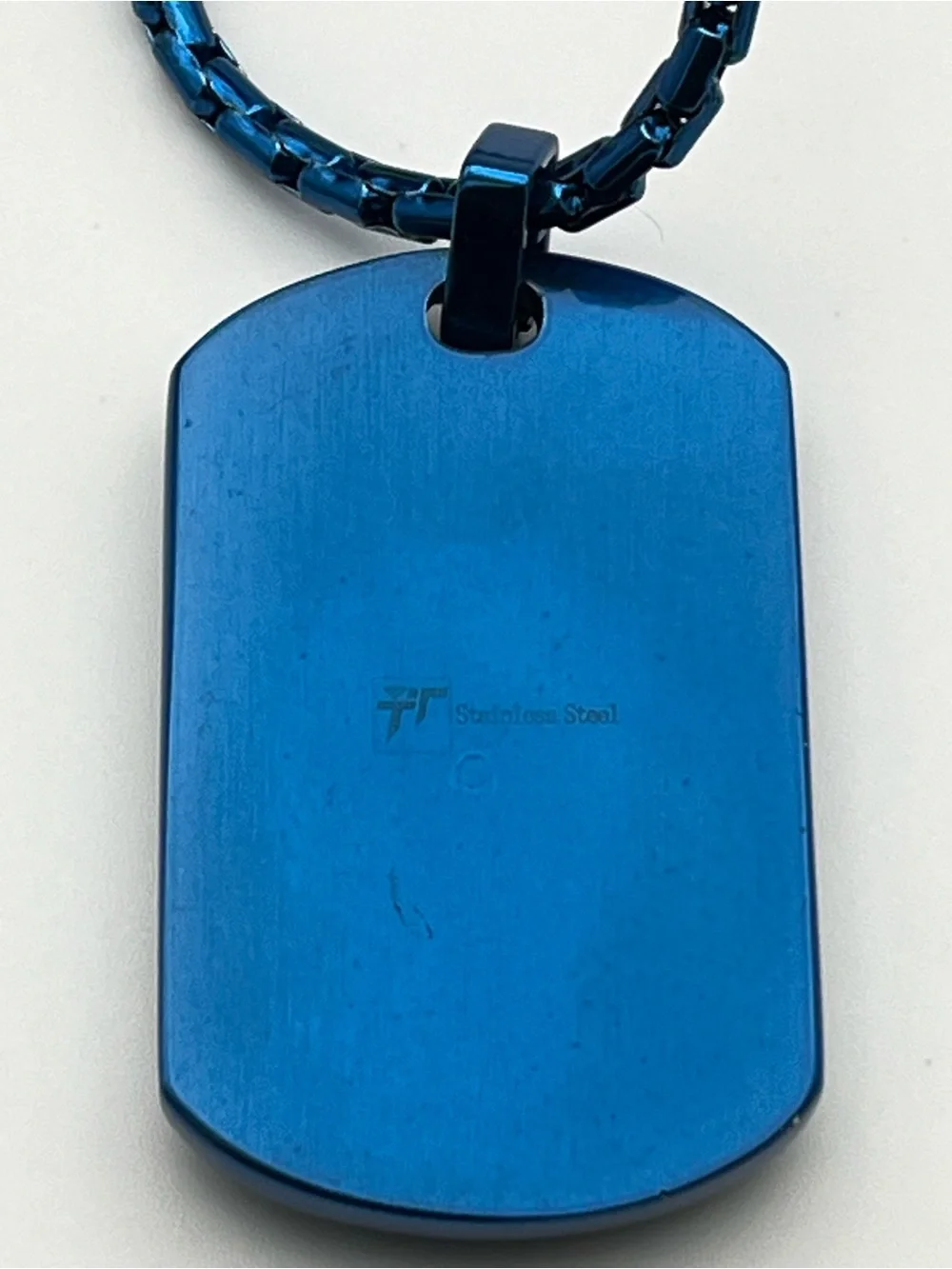 Unisex, 22” Stainless Steel Blue Filigree Dog Tag Necklace
